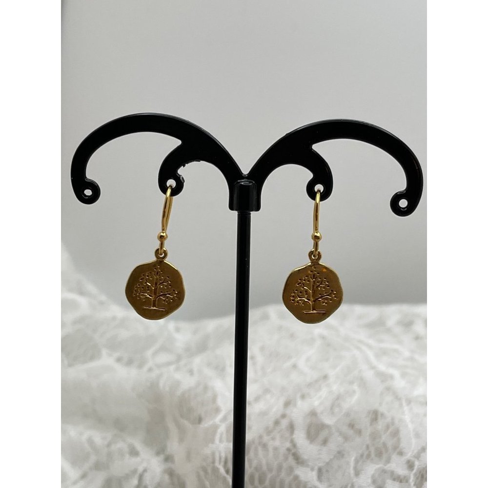 Gold Tone Tree Engraved Round Dangle Earrings - Picture 5 of 12
